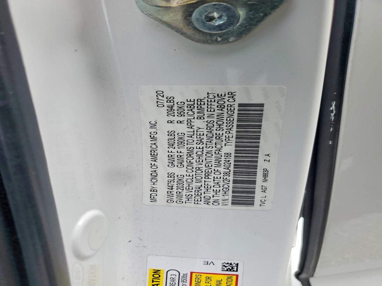 2020 Honda Accord Sport White vin: 1HGCV2F38LA024168