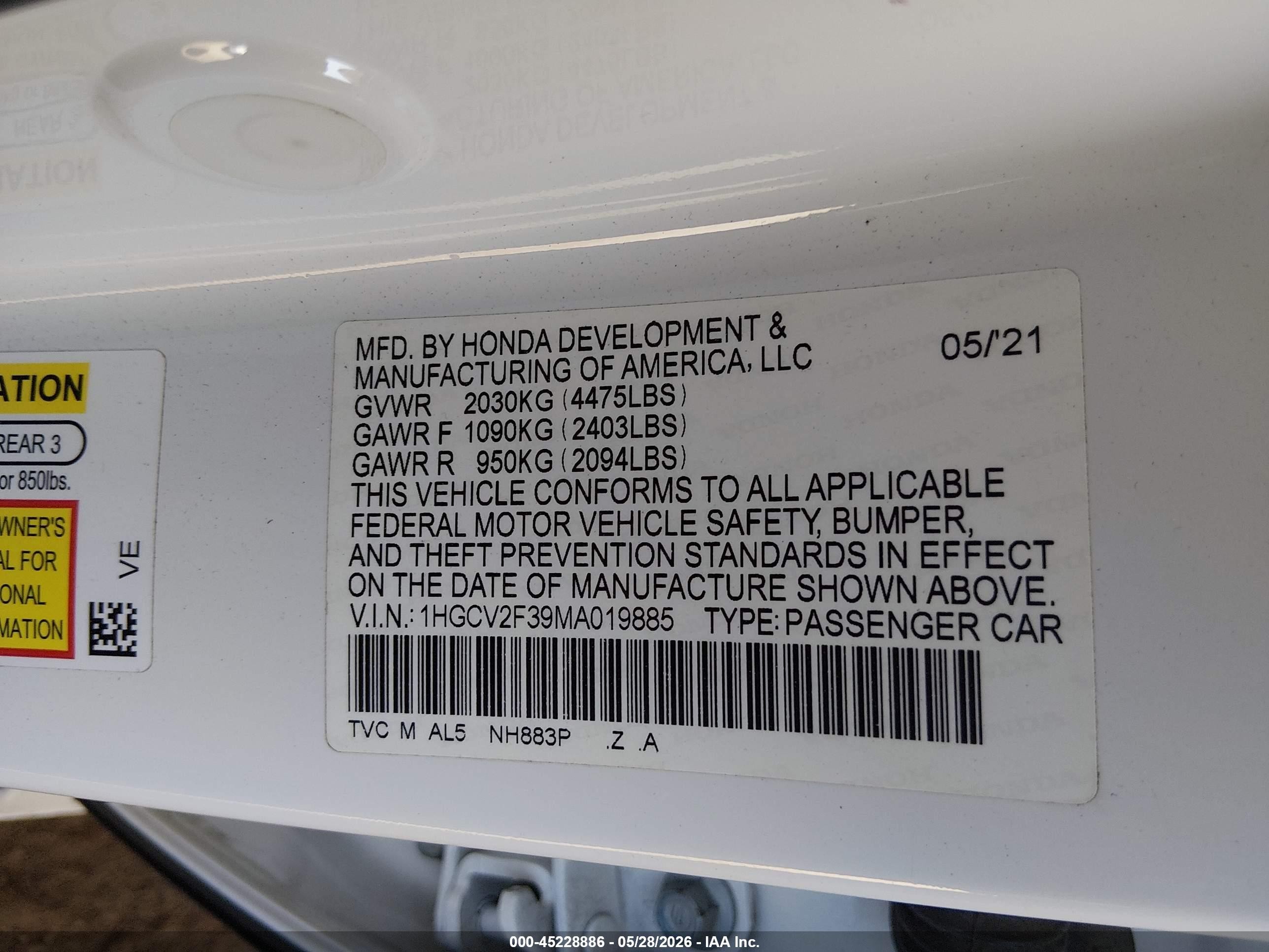 2021 Honda Accord Sport 2.0t White vin: 1HGCV2F39MA019885