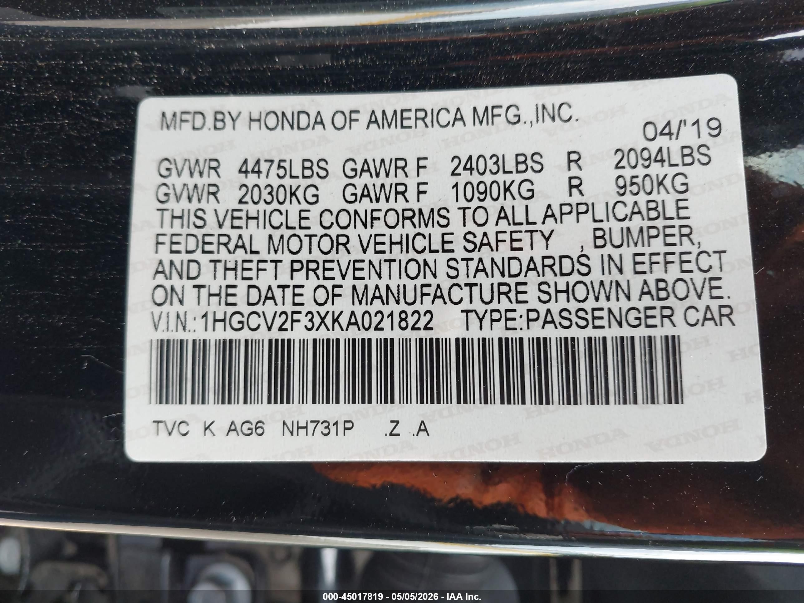 2019 Honda Accord Sport 2.0t Black vin: 1HGCV2F3XKA021822