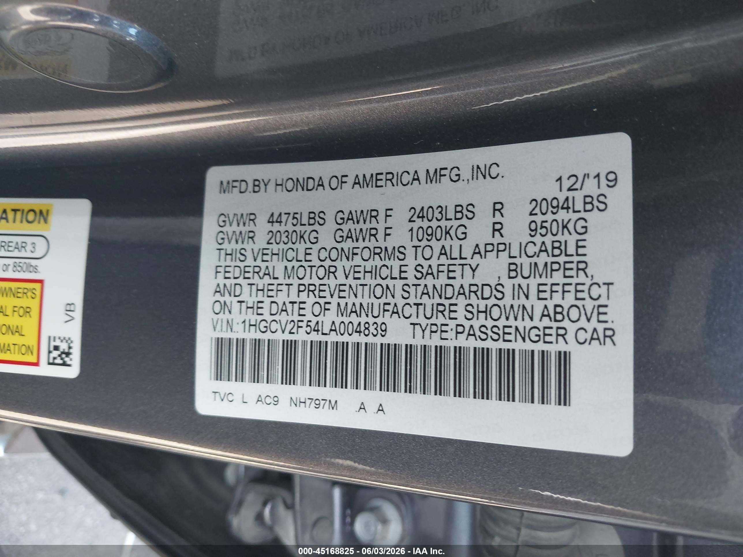 2020 Honda Accord Ex-l 2.0t Gray vin: 1HGCV2F54LA004839