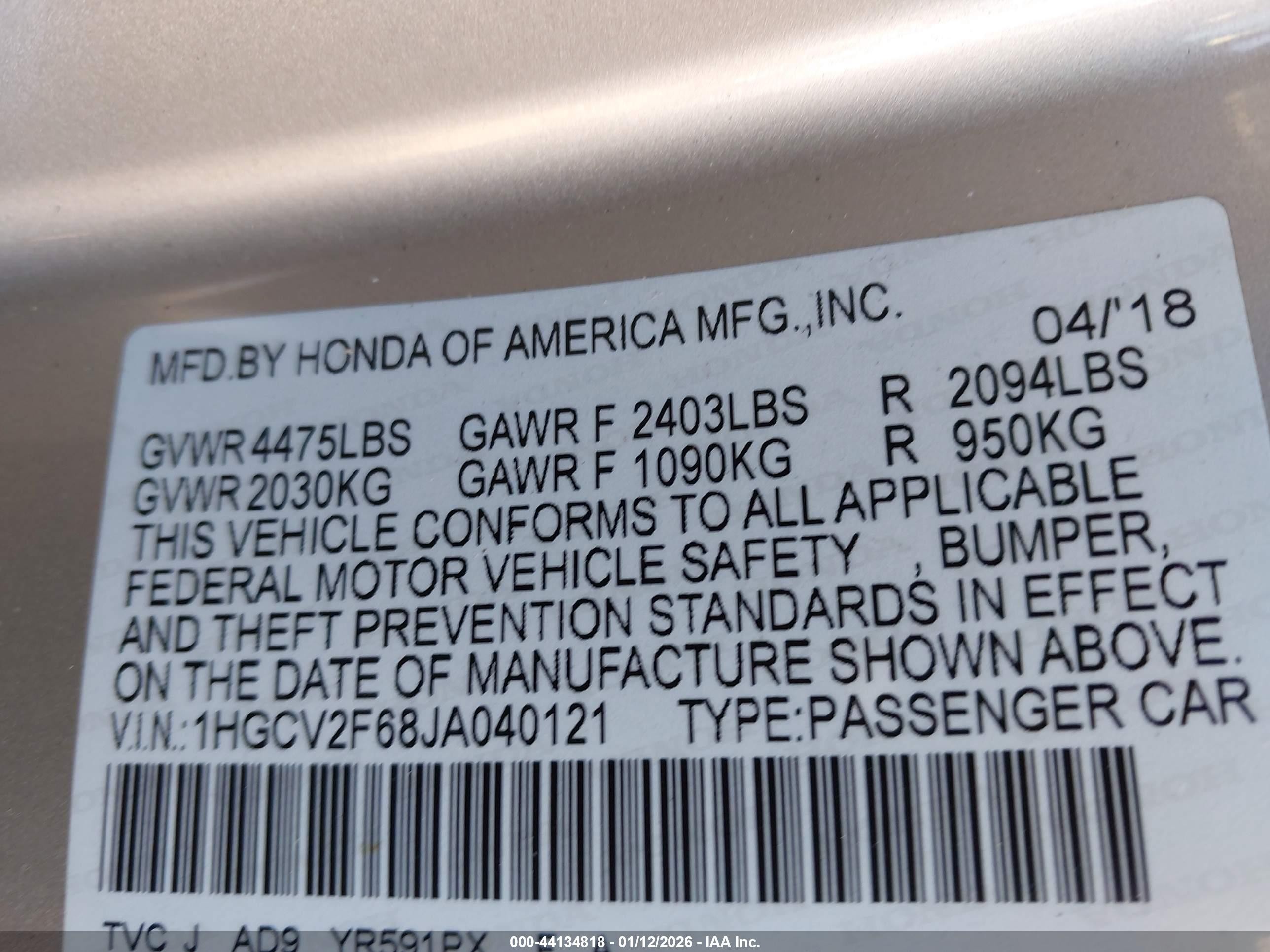 2018 Honda Accord Ex-l 2.0t Бежевый vin: 1HGCV2F68JA040121