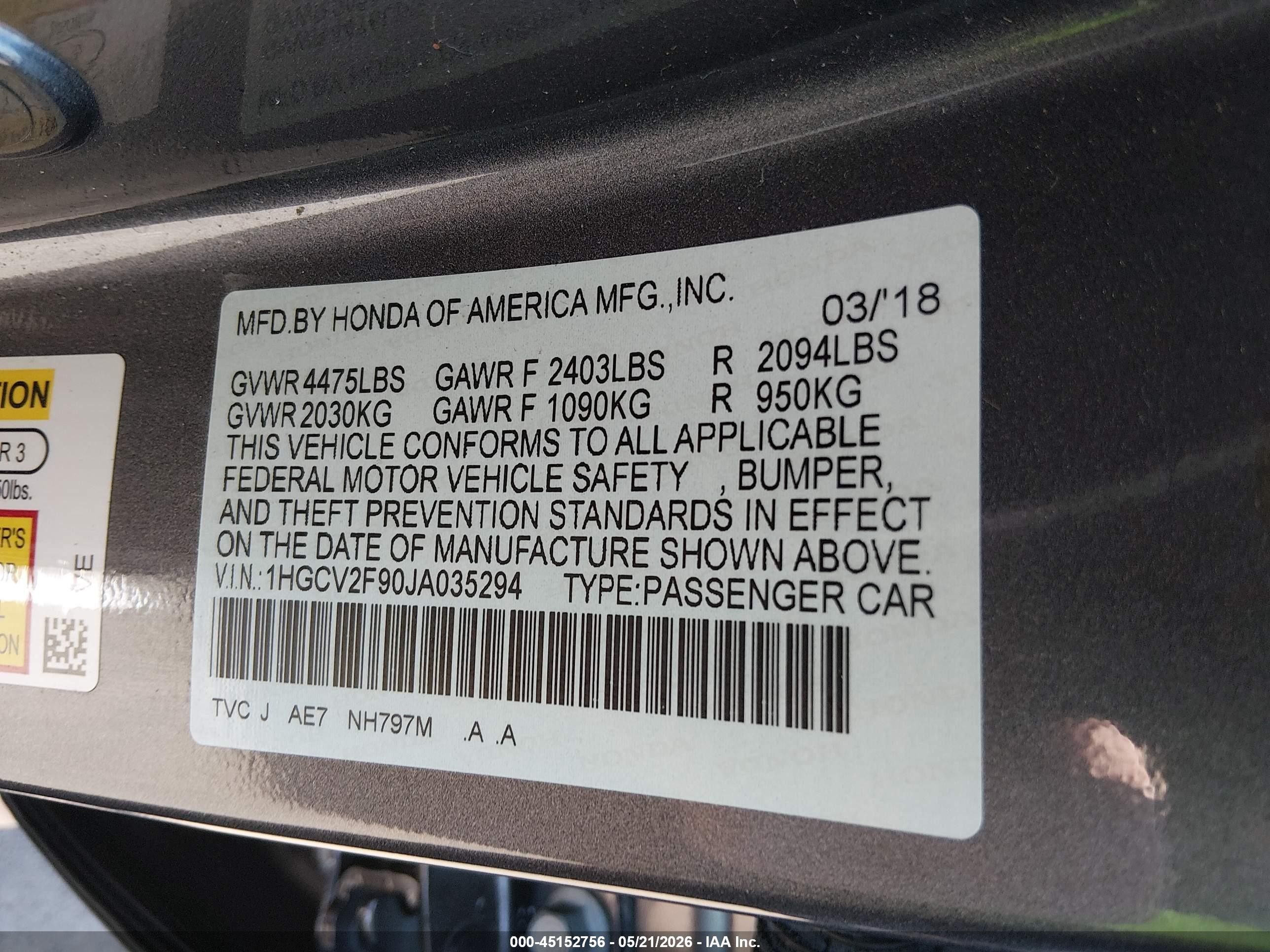 2018 Honda Accord Touring 2.0t Gray vin: 1HGCV2F90JA035294