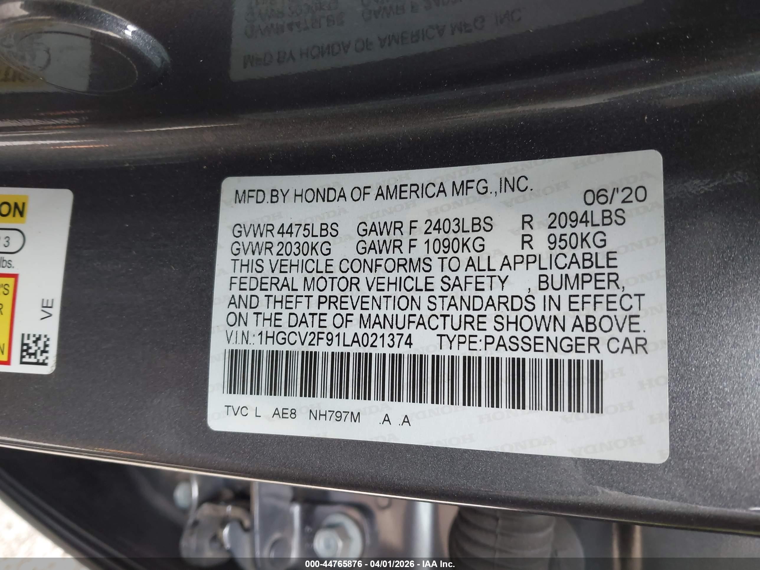 2020 Honda Accord Touring Gray vin: 1HGCV2F91LA021374