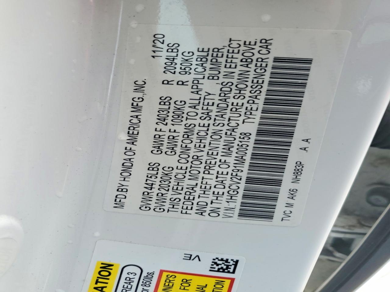 2021 Honda Accord Touring White vin: 1HGCV2F91MA005158