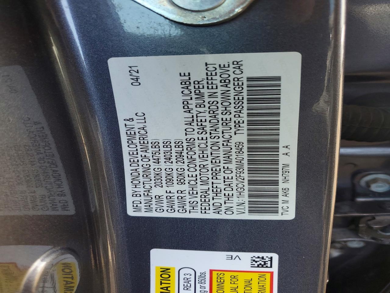 2021 Honda Accord Touring Gray vin: 1HGCV2F93MA018459
