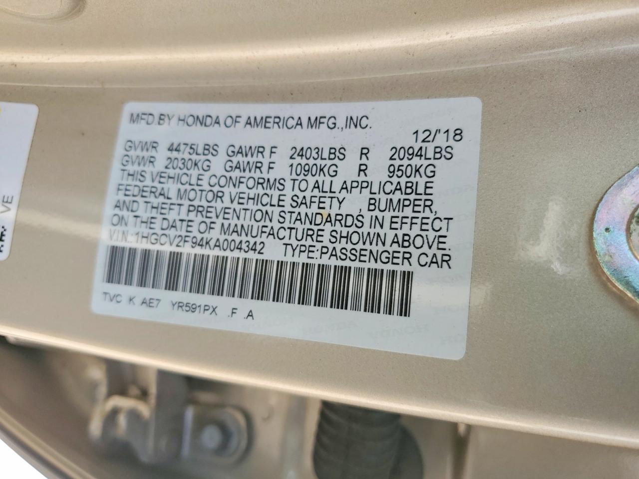 2019 Honda Accord Touring Gold vin: 1HGCV2F94KA004342