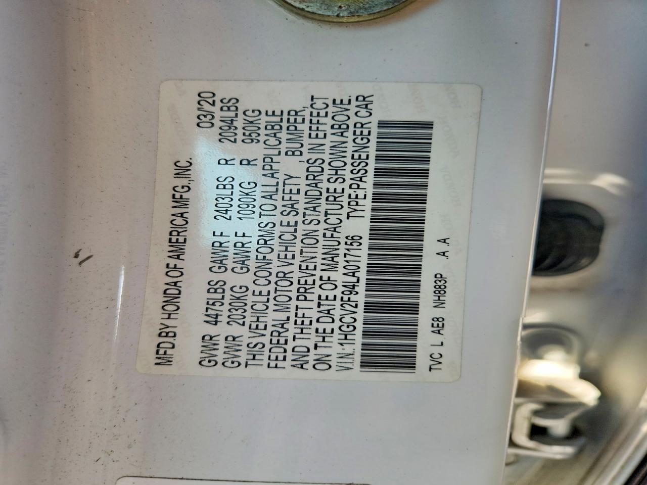 2020 Honda Accord Touring White vin: 1HGCV2F94LA017156
