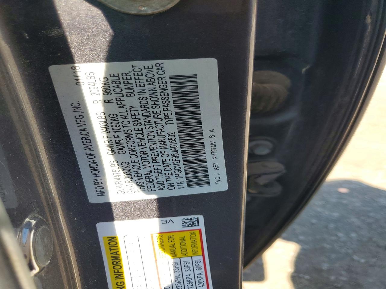 2018 Honda Accord Touring Gray vin: 1HGCV2F95JA016532