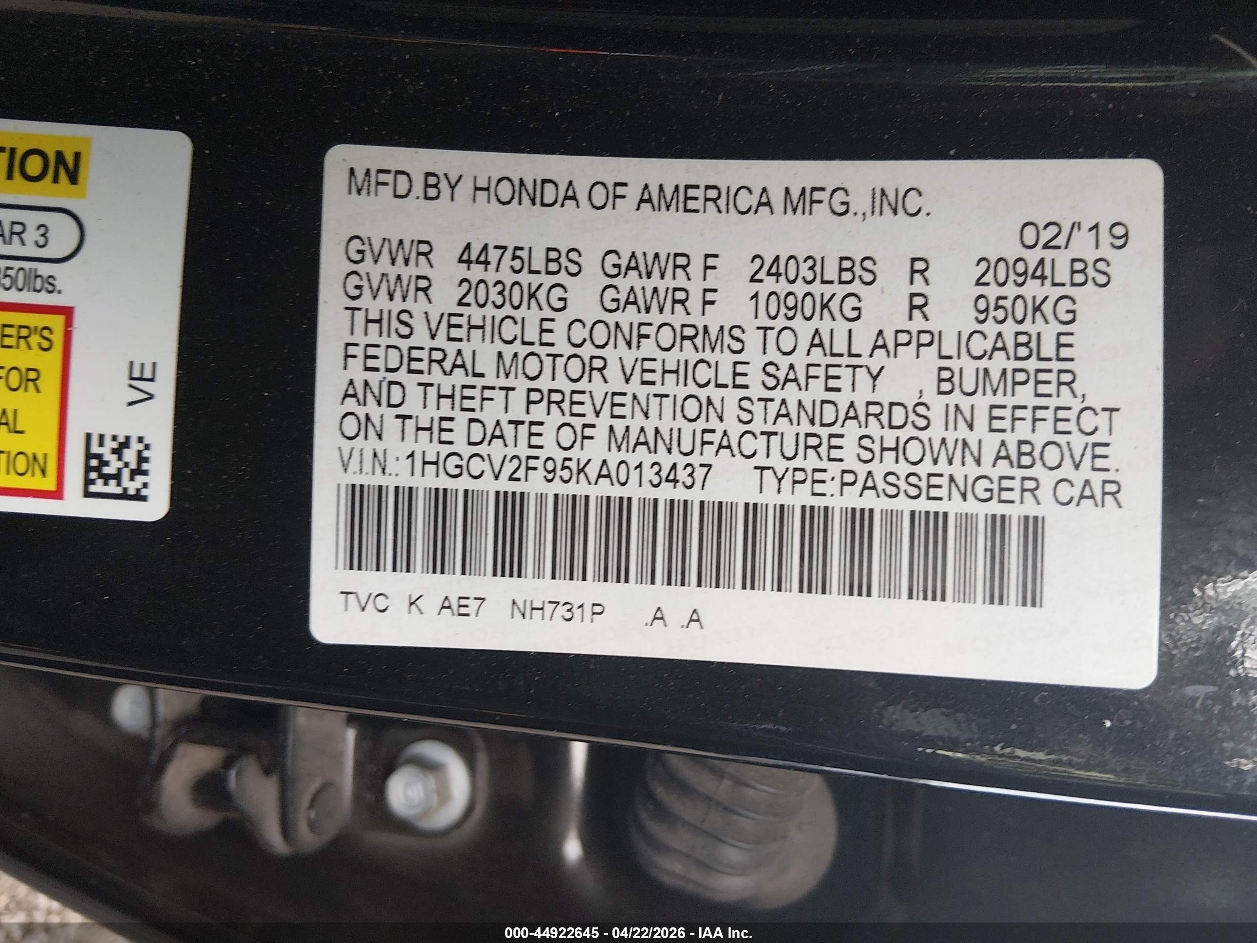 2019 Honda Accord Touring 2.0t Черный vin: 1HGCV2F95KA013437