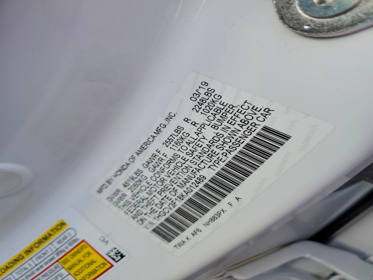 2019 Honda Accord Hybrid White vin: 1HGCV3F18KA012489