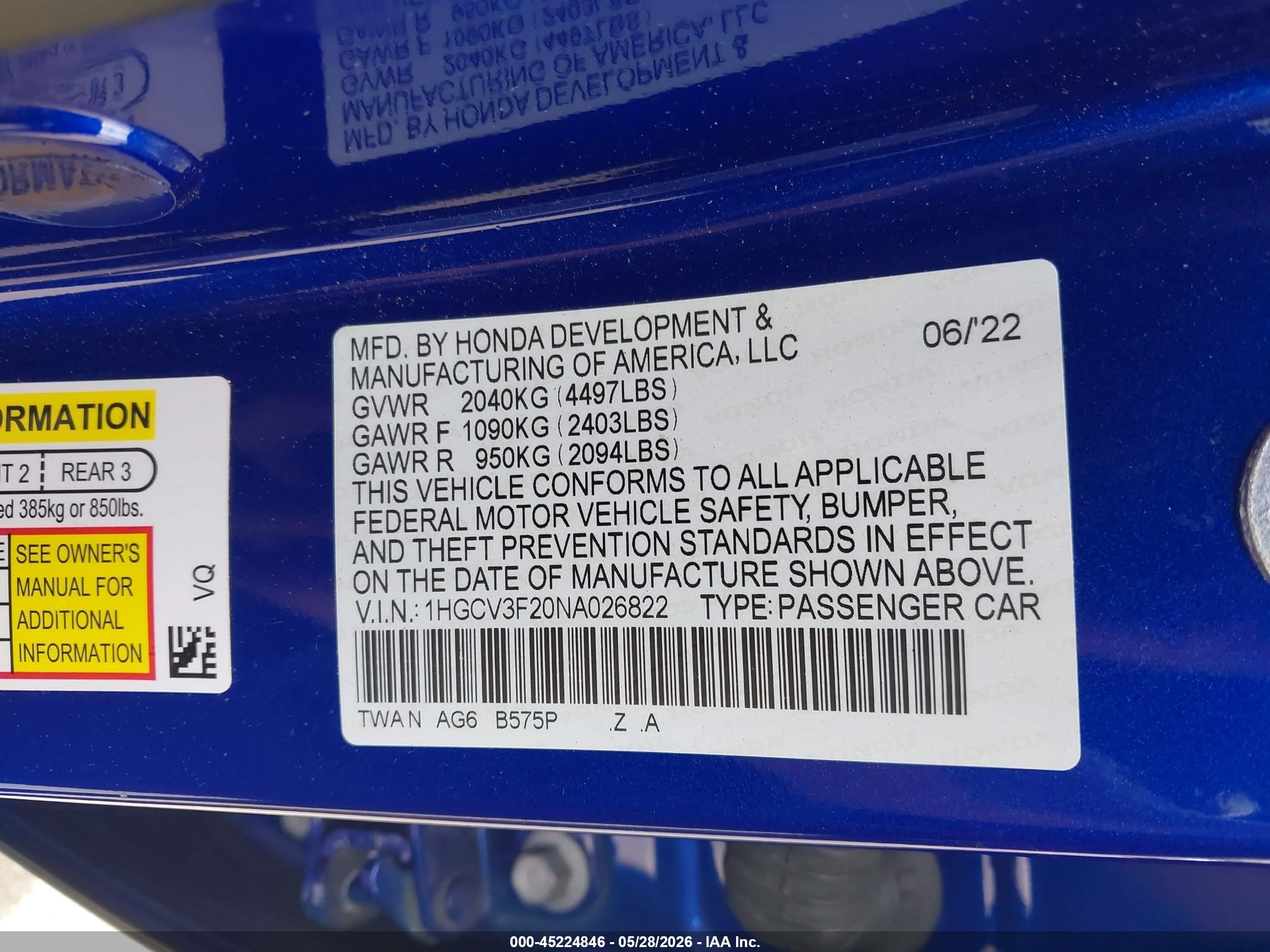 2022 Honda Accord Hybrid Sport Blue vin: 1HGCV3F20NA026822