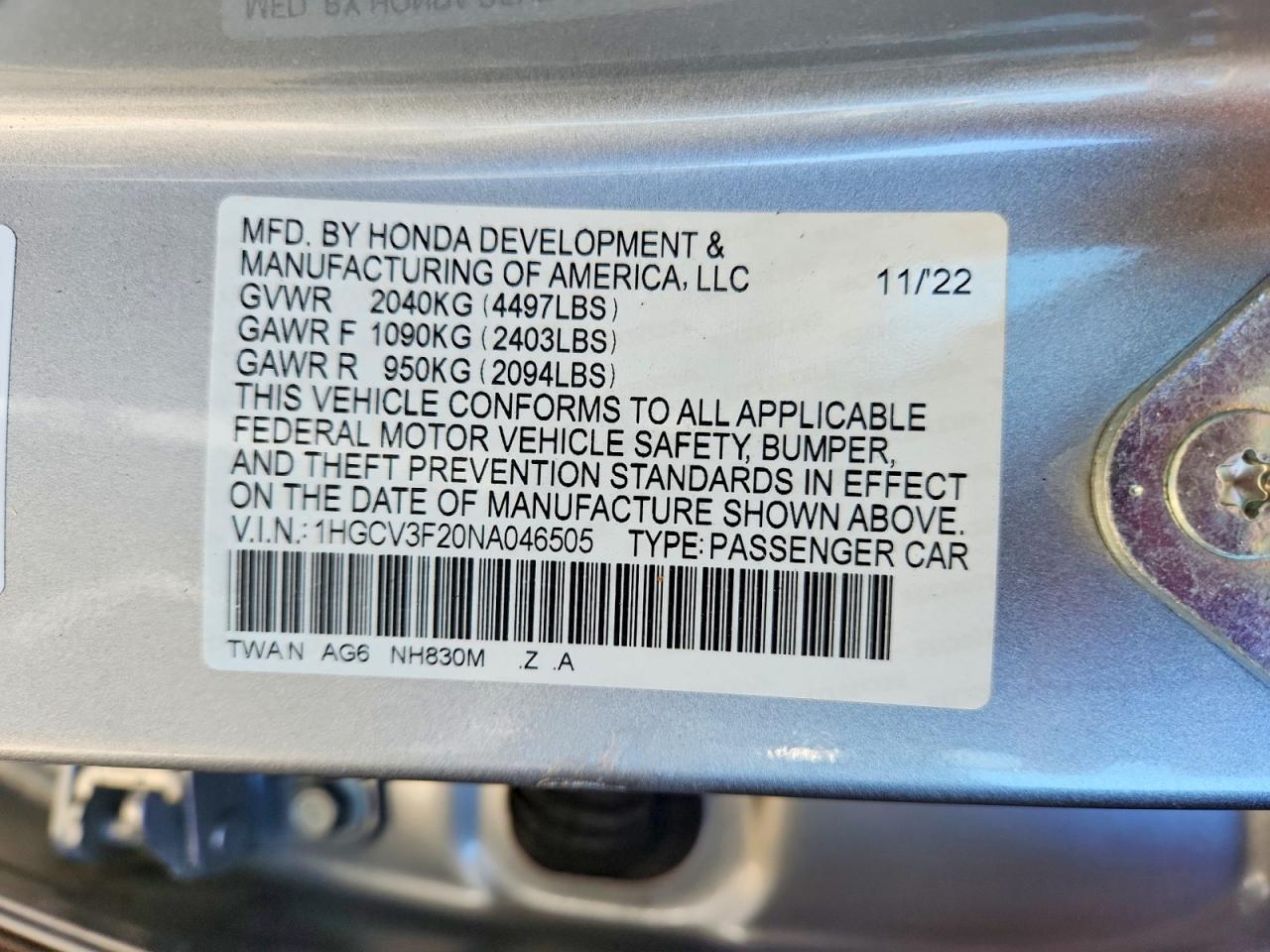 2022 Honda Accord Hybrid Sport Gray vin: 1HGCV3F20NA046505