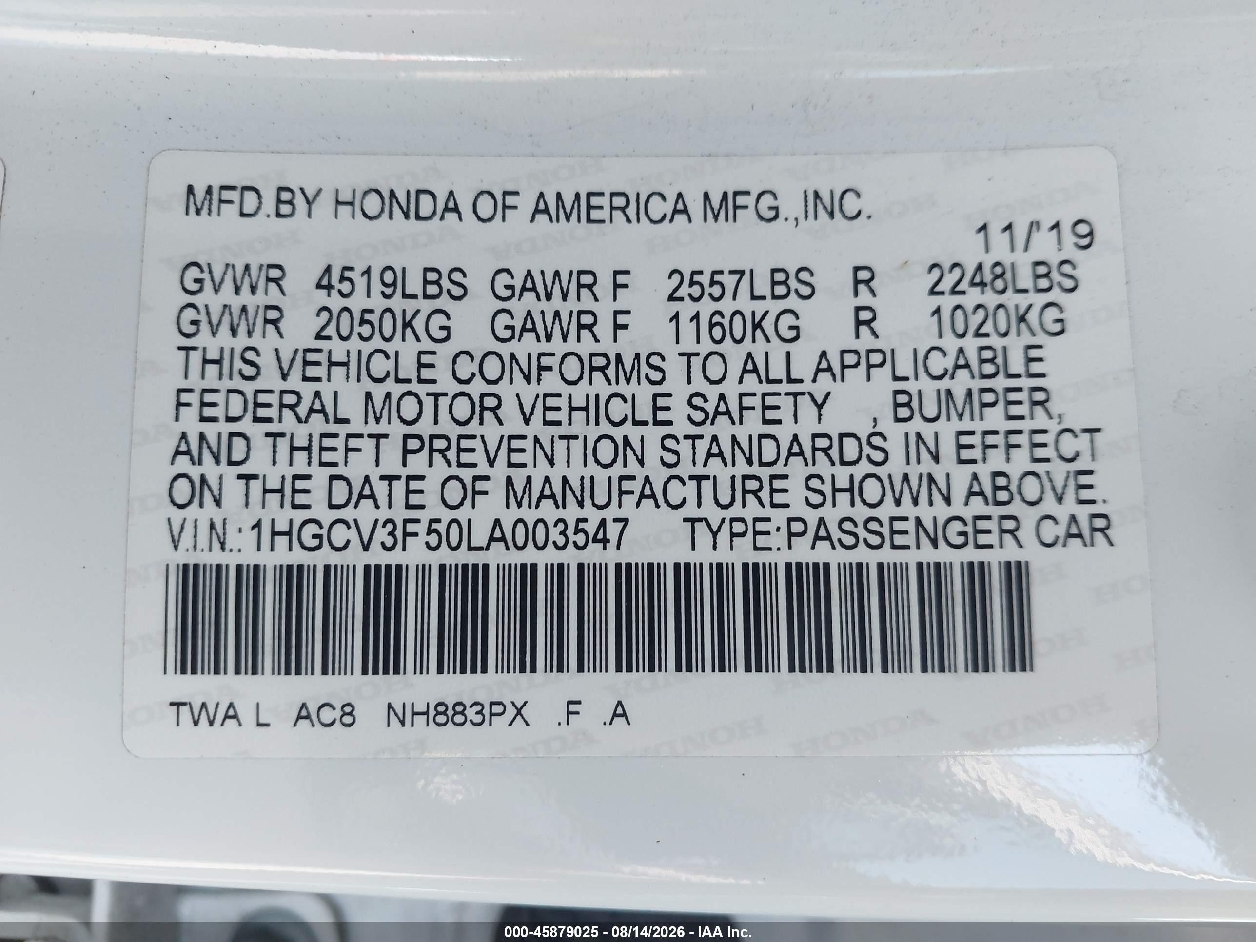 2020 Honda Accord Hybrid Ex-l White vin: 1HGCV3F50LA003547