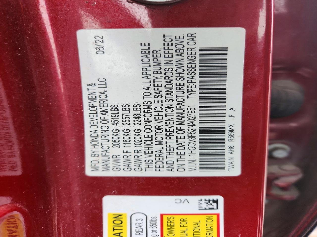 2022 Honda Accord Hybrid Exl Red vin: 1HGCV3F52NA027951