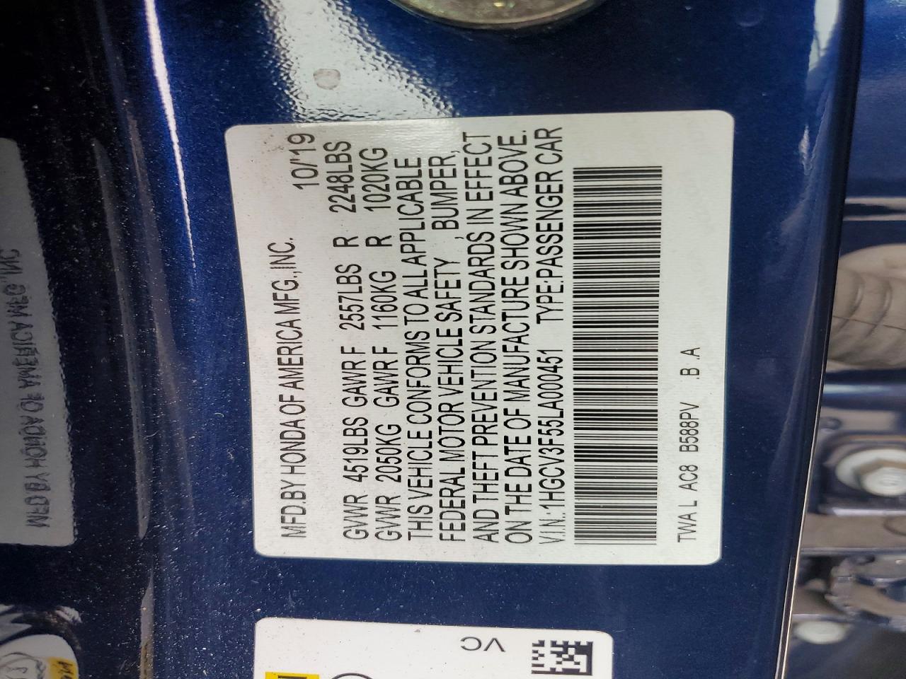 2020 Honda Accord Hybrid Exl Blue vin: 1HGCV3F55LA000451