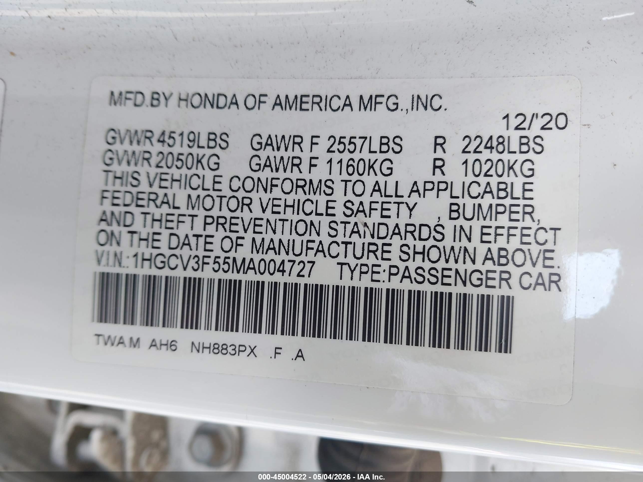 2021 Honda Accord Hybrid Ex-l Белый vin: 1HGCV3F55MA004727