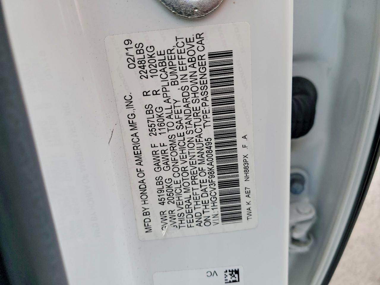 2019 Honda Accord Touring Hybrid White vin: 1HGCV3F98KA008495