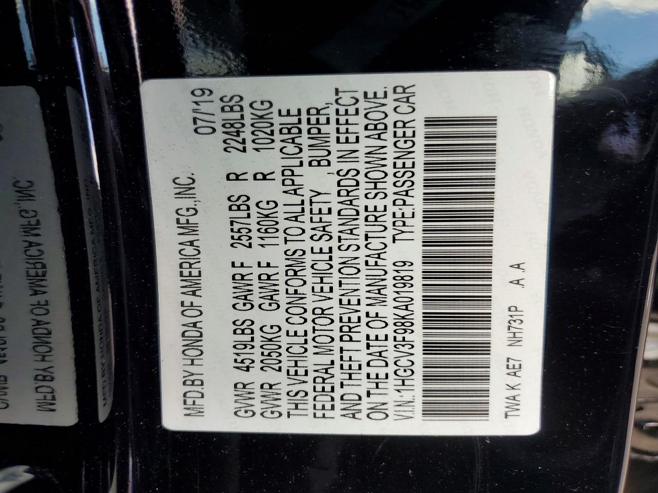 2019 Honda Accord Touring Hybrid Black vin: 1HGCV3F98KA019819