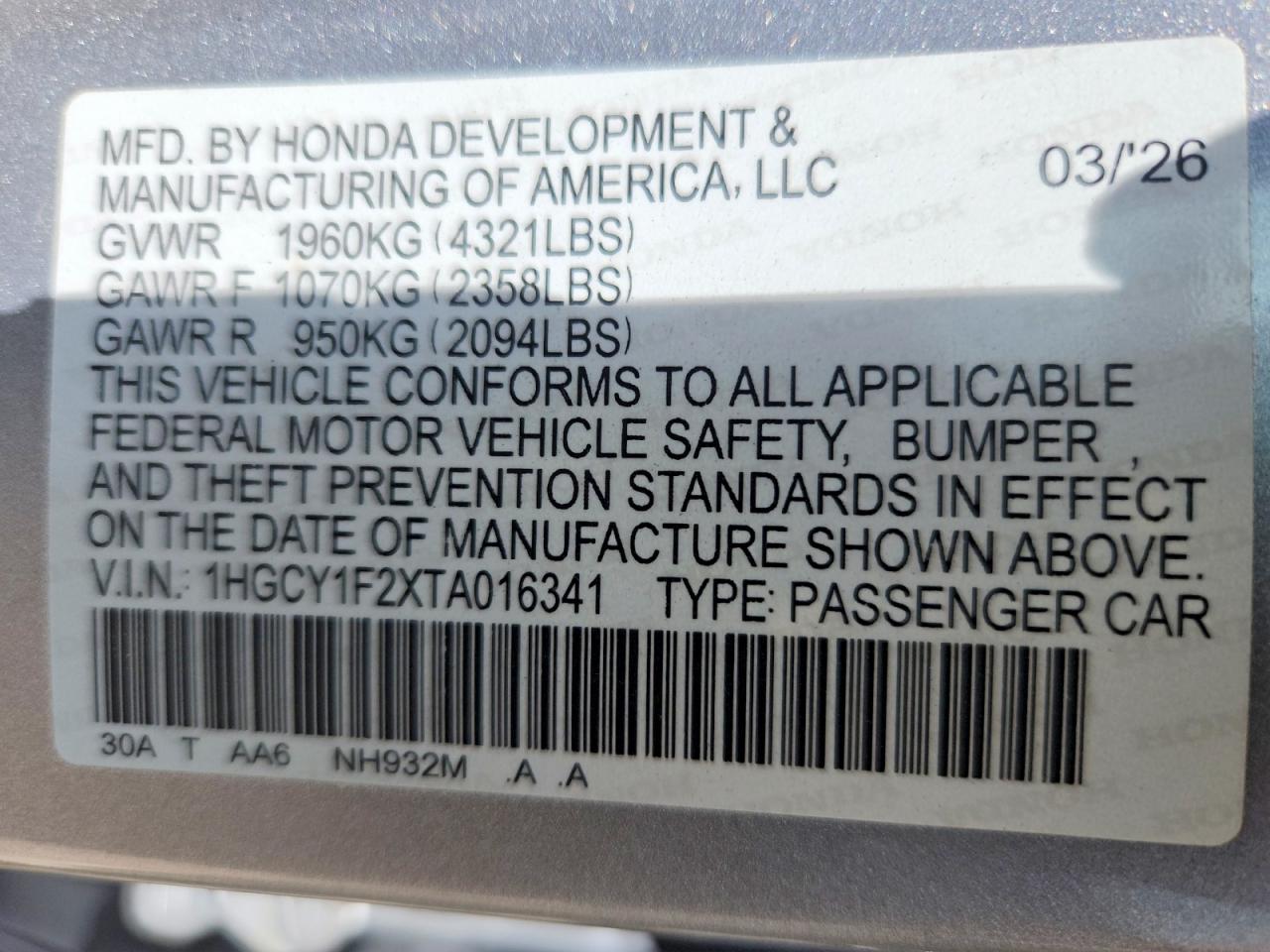 2026 Honda Accord Lx Silver vin: 1HGCY1F2XTA016341
