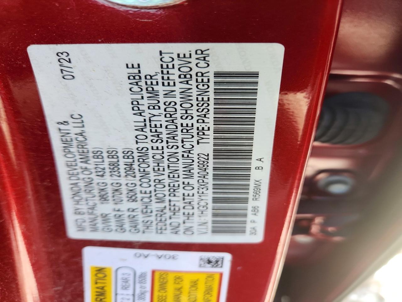 2023 Honda Accord Ex Красный vin: 1HGCY1F3XPA049922