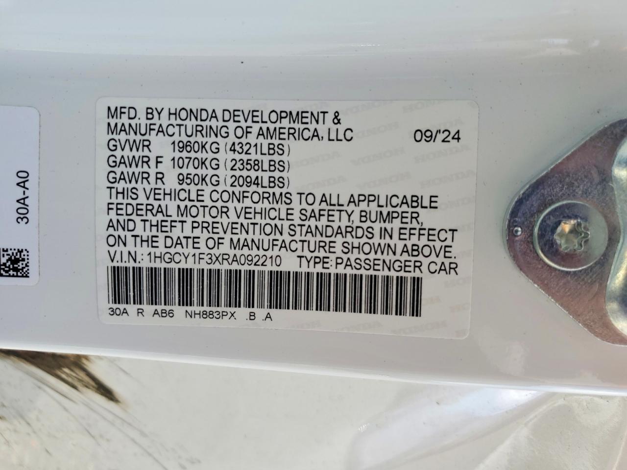 2024 Honda Accord Ex White vin: 1HGCY1F3XRA092210