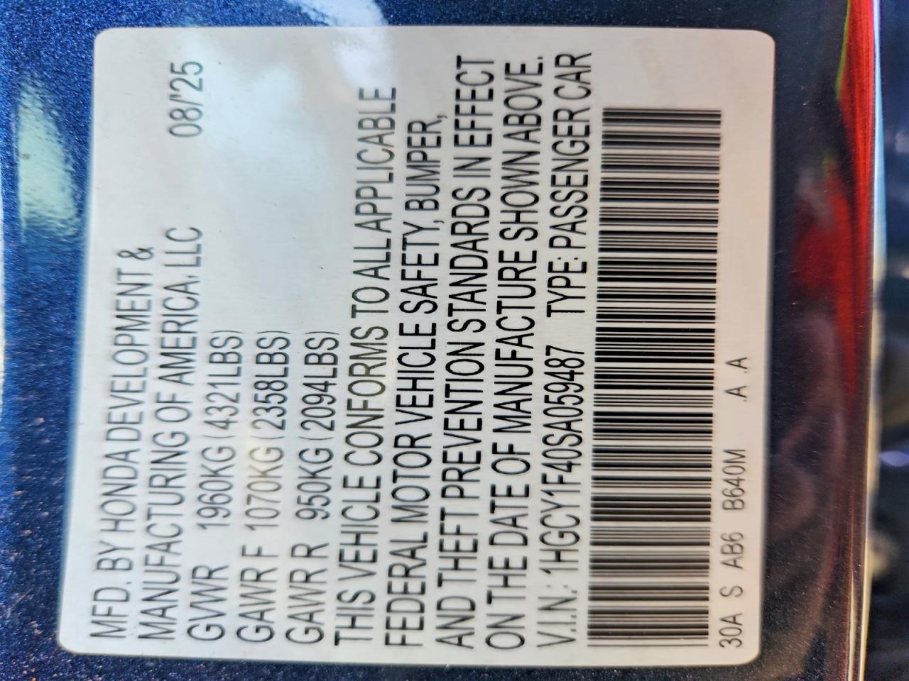 2025 Honda Accord Se Blue vin: 1HGCY1F40SA059487