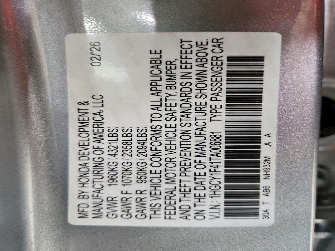 2026 Honda Accord Se Silver vin: 1HGCY1F41TA006881