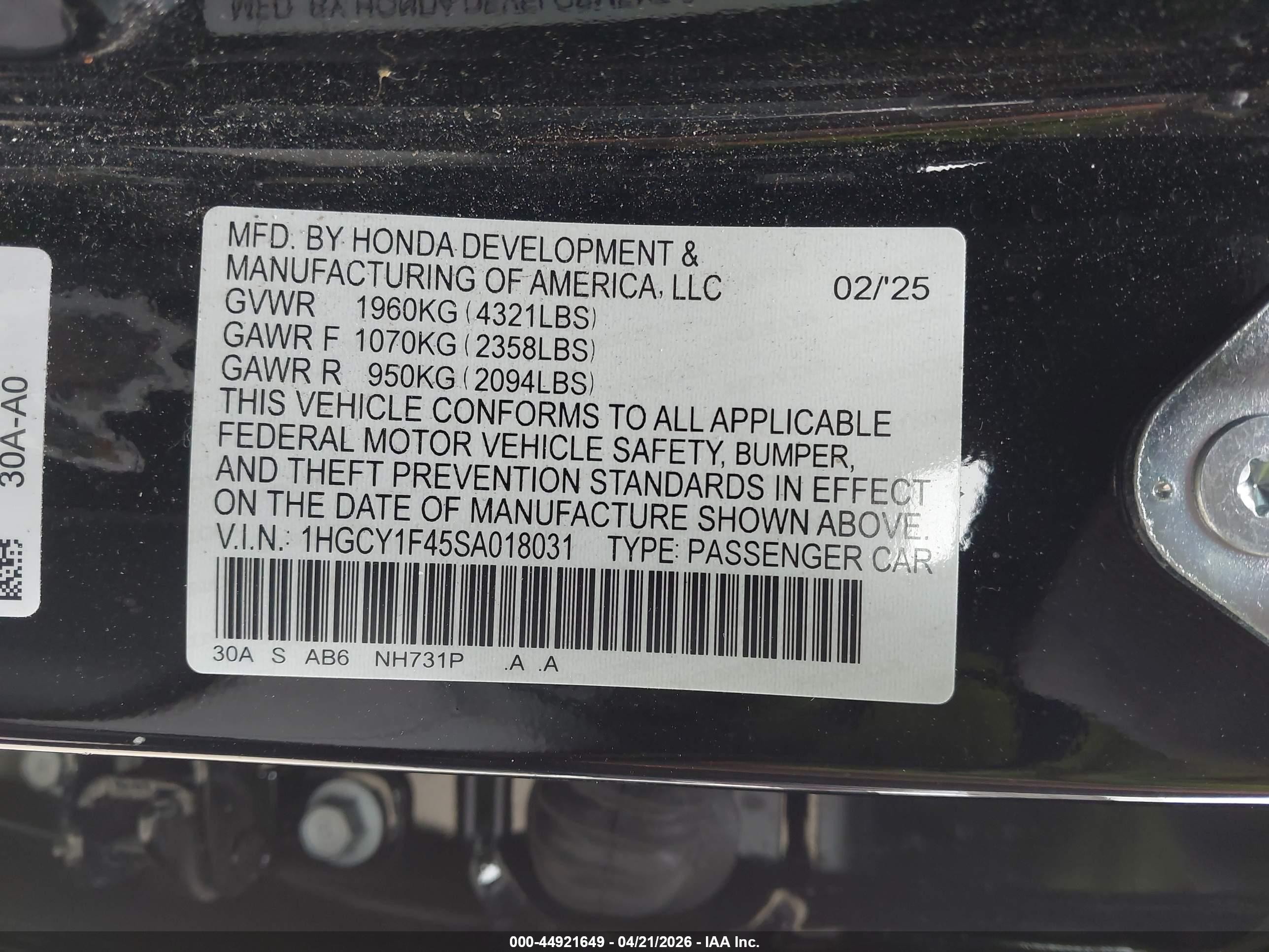 2025 Honda Accord Se Черный vin: 1HGCY1F45SA018031