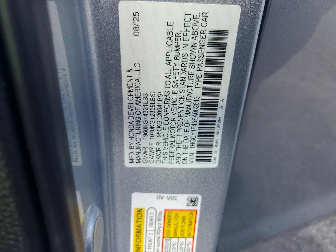 2025 Honda Accord Se Silver vin: 1HGCY1F45SA062613