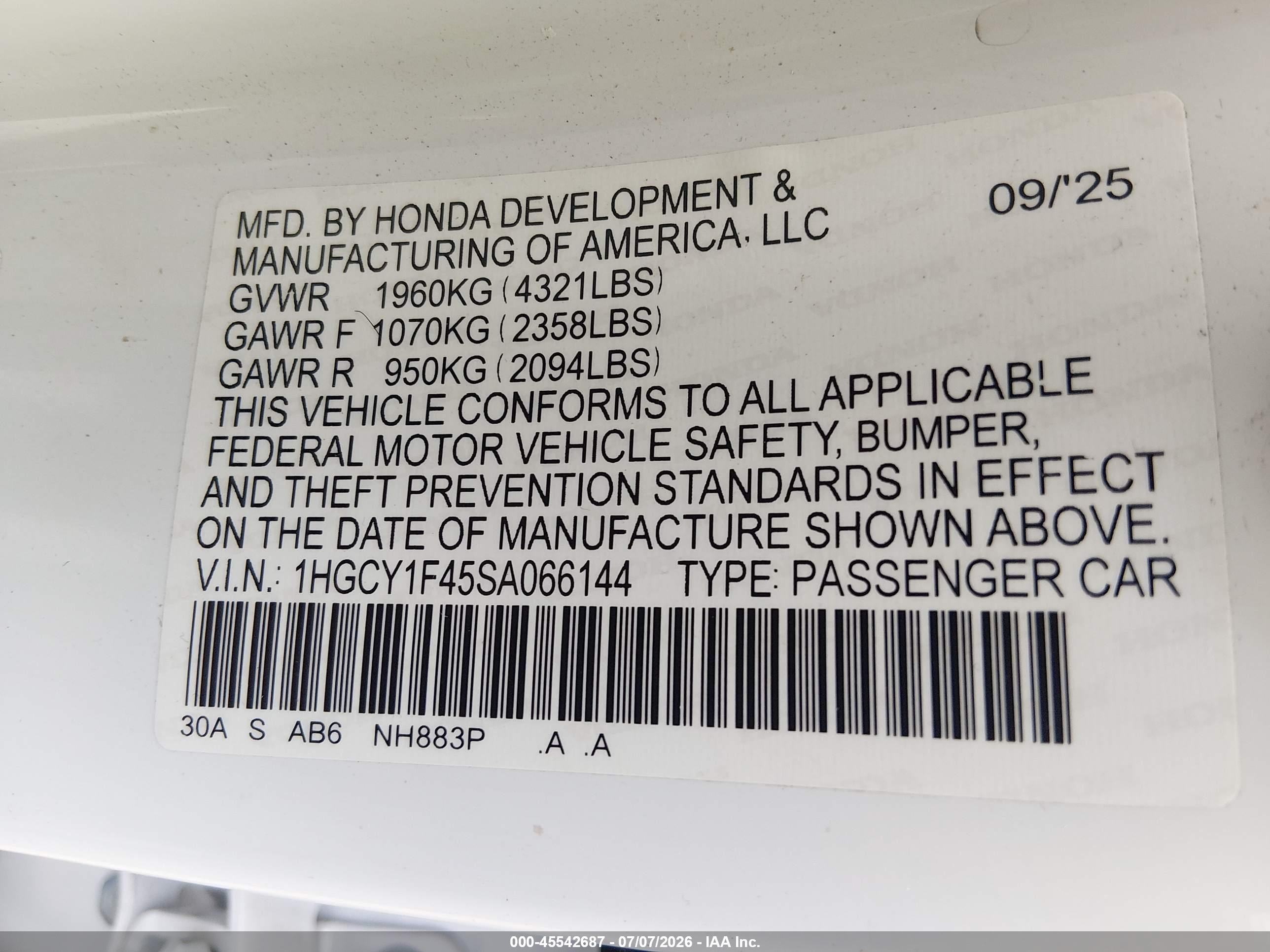 2025 Honda Accord Se White vin: 1HGCY1F45SA066144