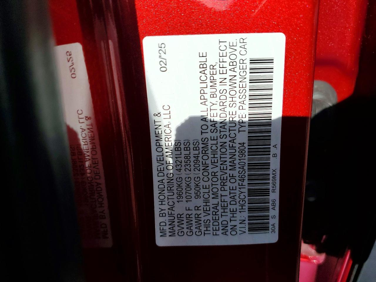 2025 Honda Accord Se Red vin: 1HGCY1F46SA019804
