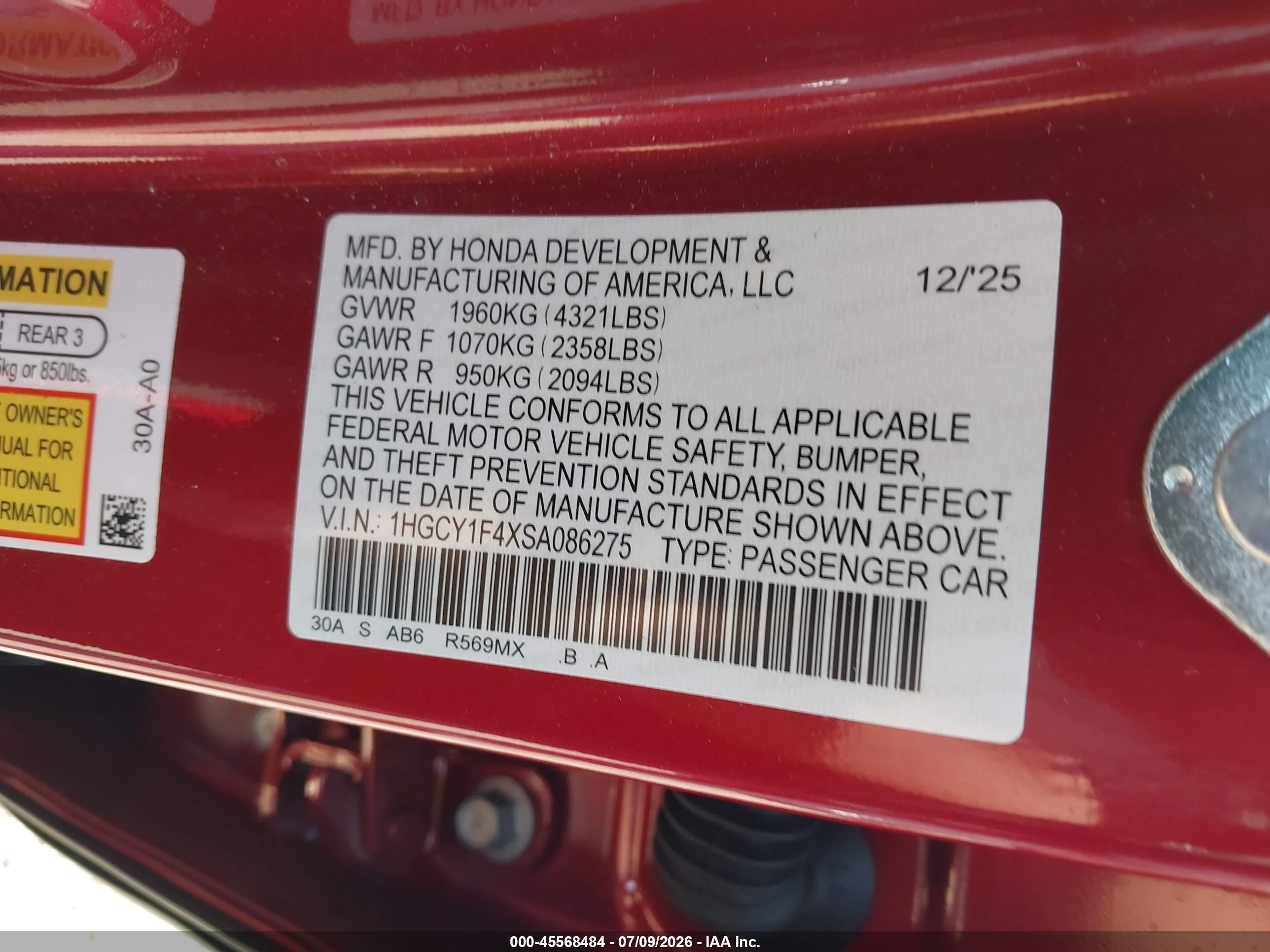 2025 Honda Accord Se Red vin: 1HGCY1F4XSA086275