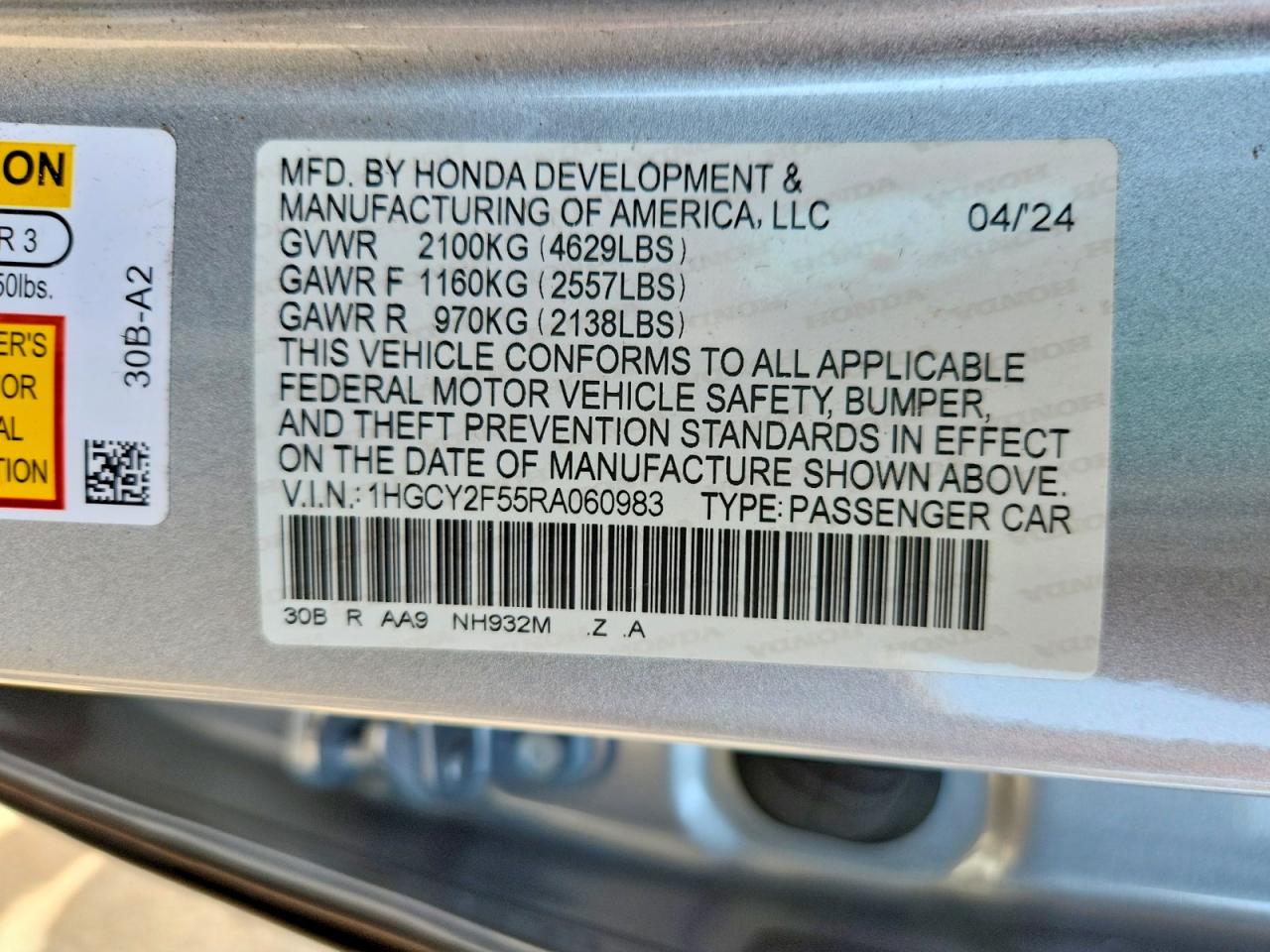 2024 Hond Accord Silver vin: 1HGCY2F55RA060983