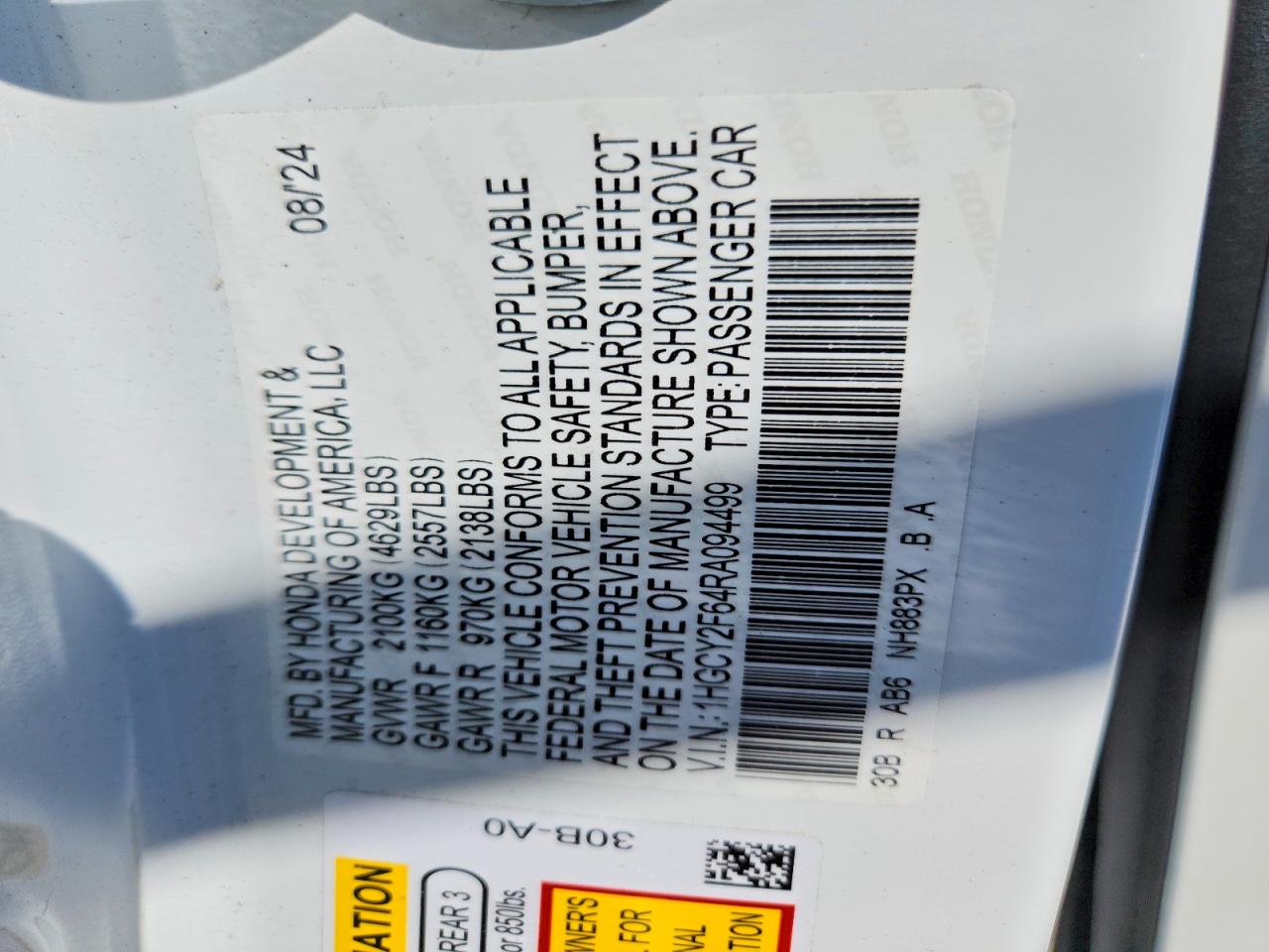 2024 Honda Accord Hybrid Exl White vin: 1HGCY2F64RA094499