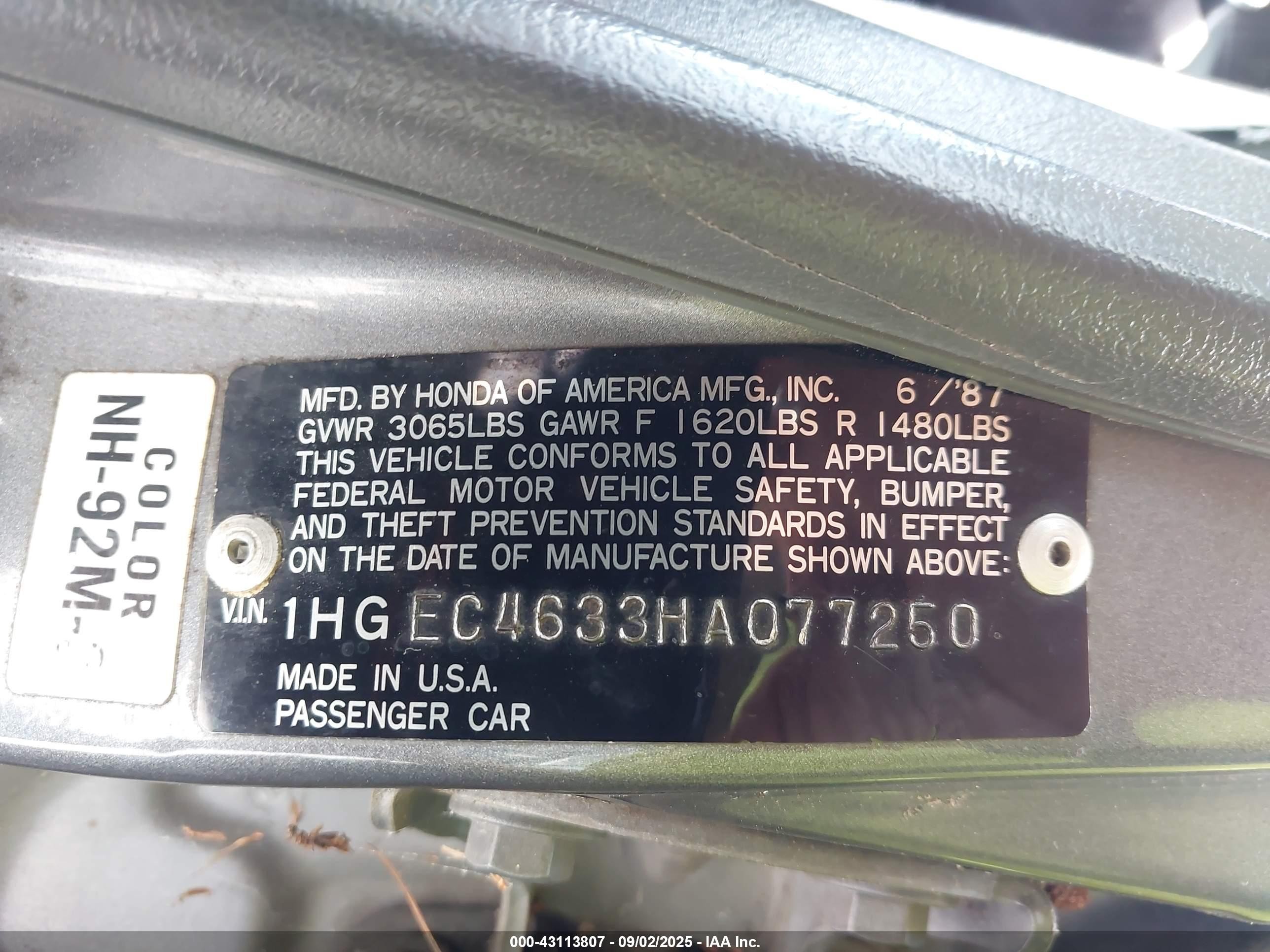 1987 Honda Civic 1.5 Gray vin: 1HGEC4633HA077250