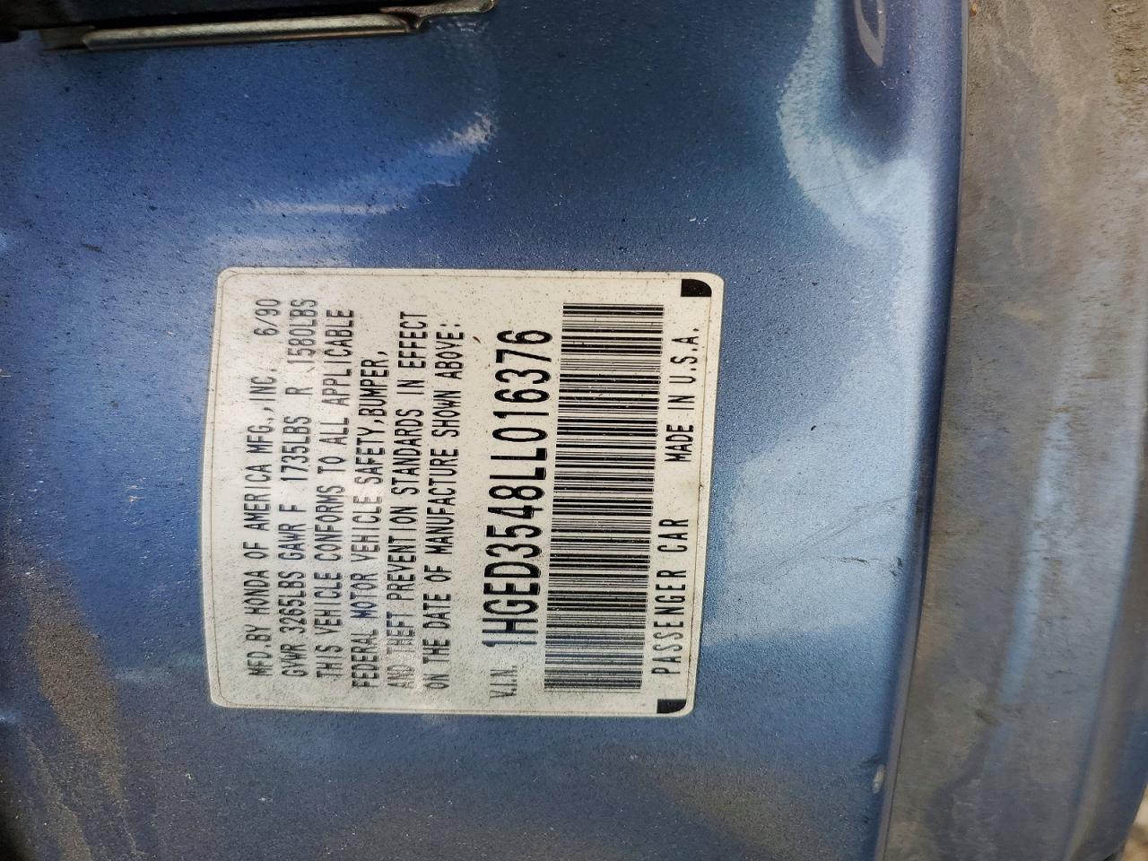 1990 Honda Civic Dx Blue vin: 1HGED3548LL016376