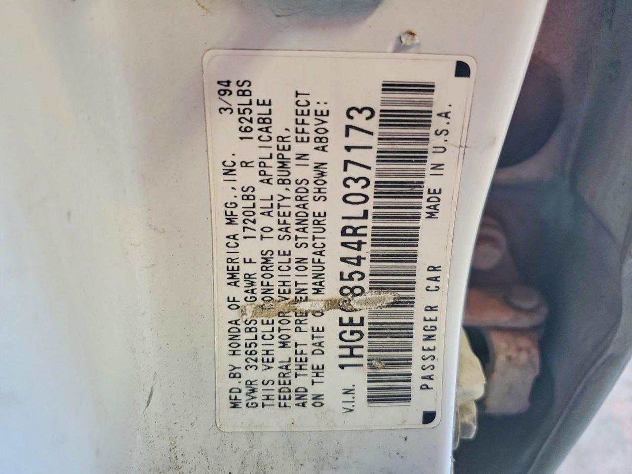 1994 Honda Civic Dx White vin: 1HGEG8544RL037173