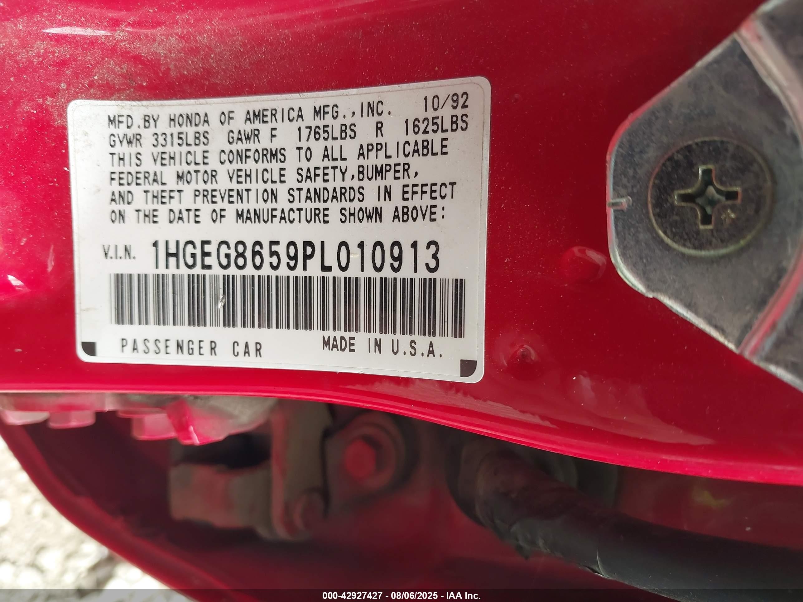 1993 Honda Civic Lx Red vin: 1HGEG8659PL010913