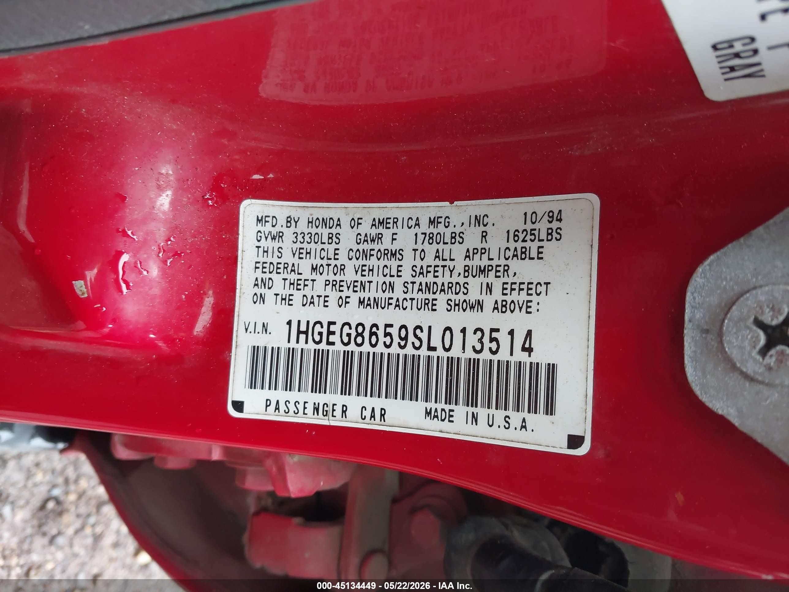 1995 Honda Civic Lx Red vin: 1HGEG8659SL013514