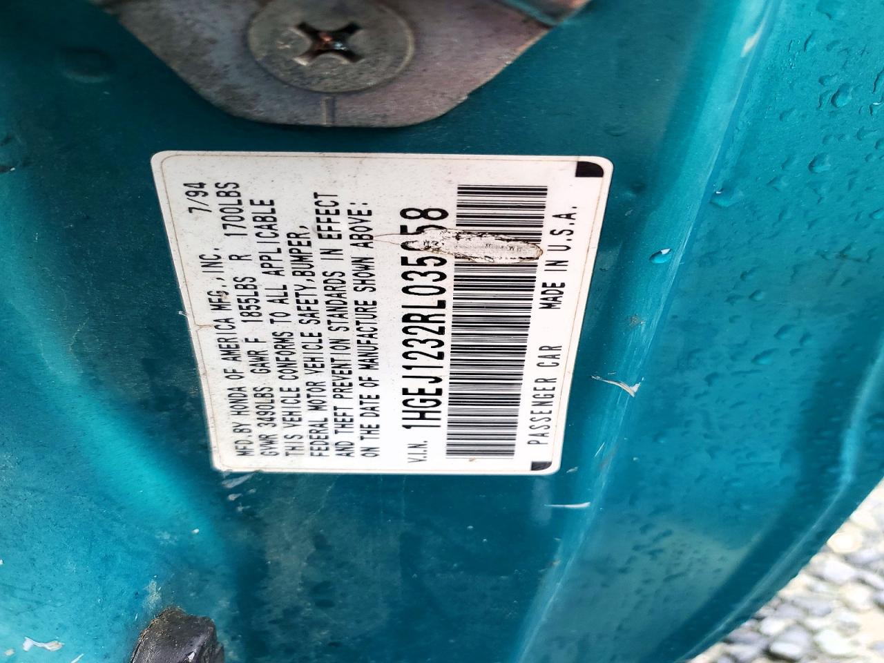 1994 Honda Civic Ex Turquoise vin: 1HGEJ1232RL035958