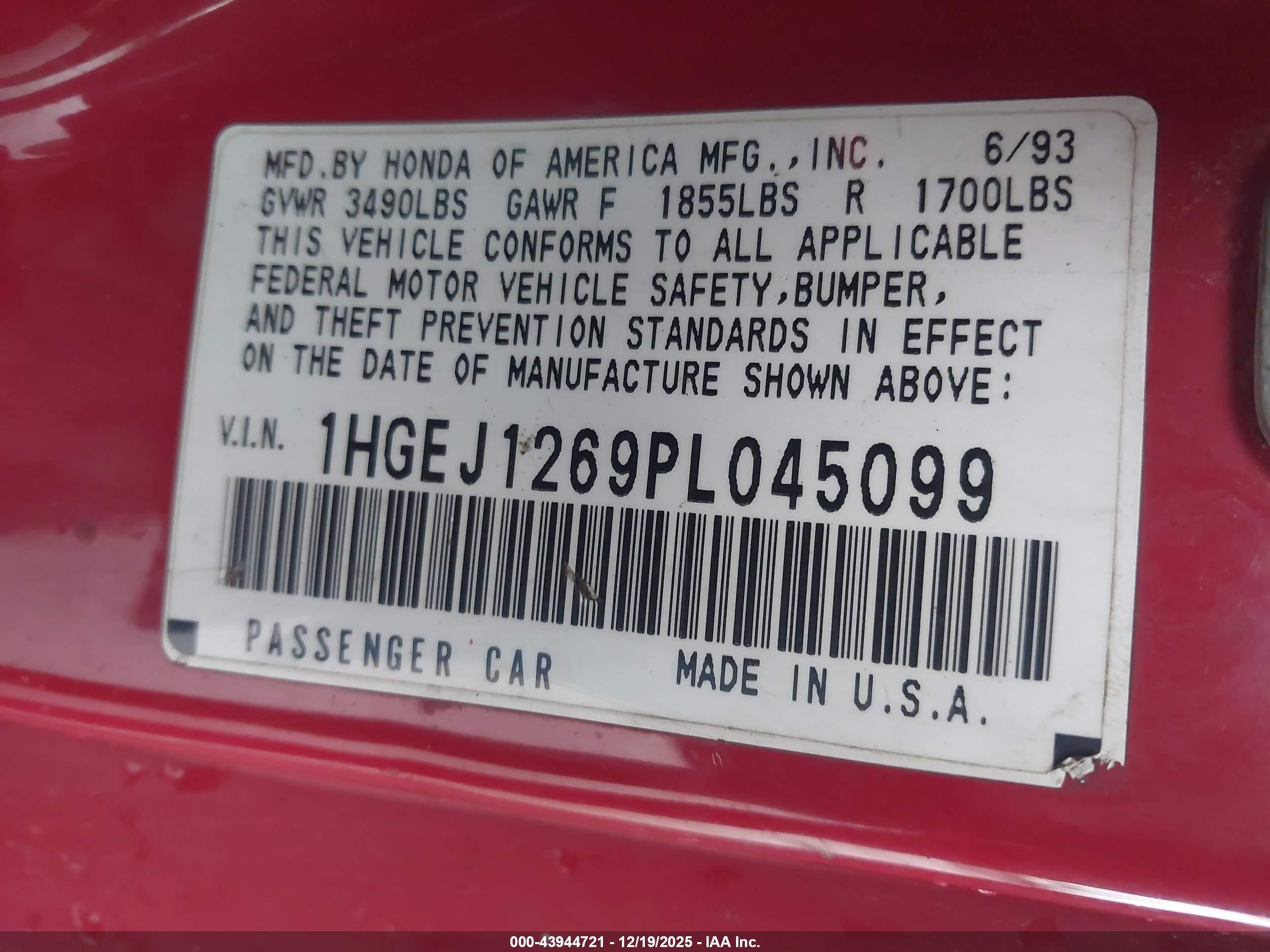 1993 Honda Civic Ex Red vin: 1HGEJ1269PL045099