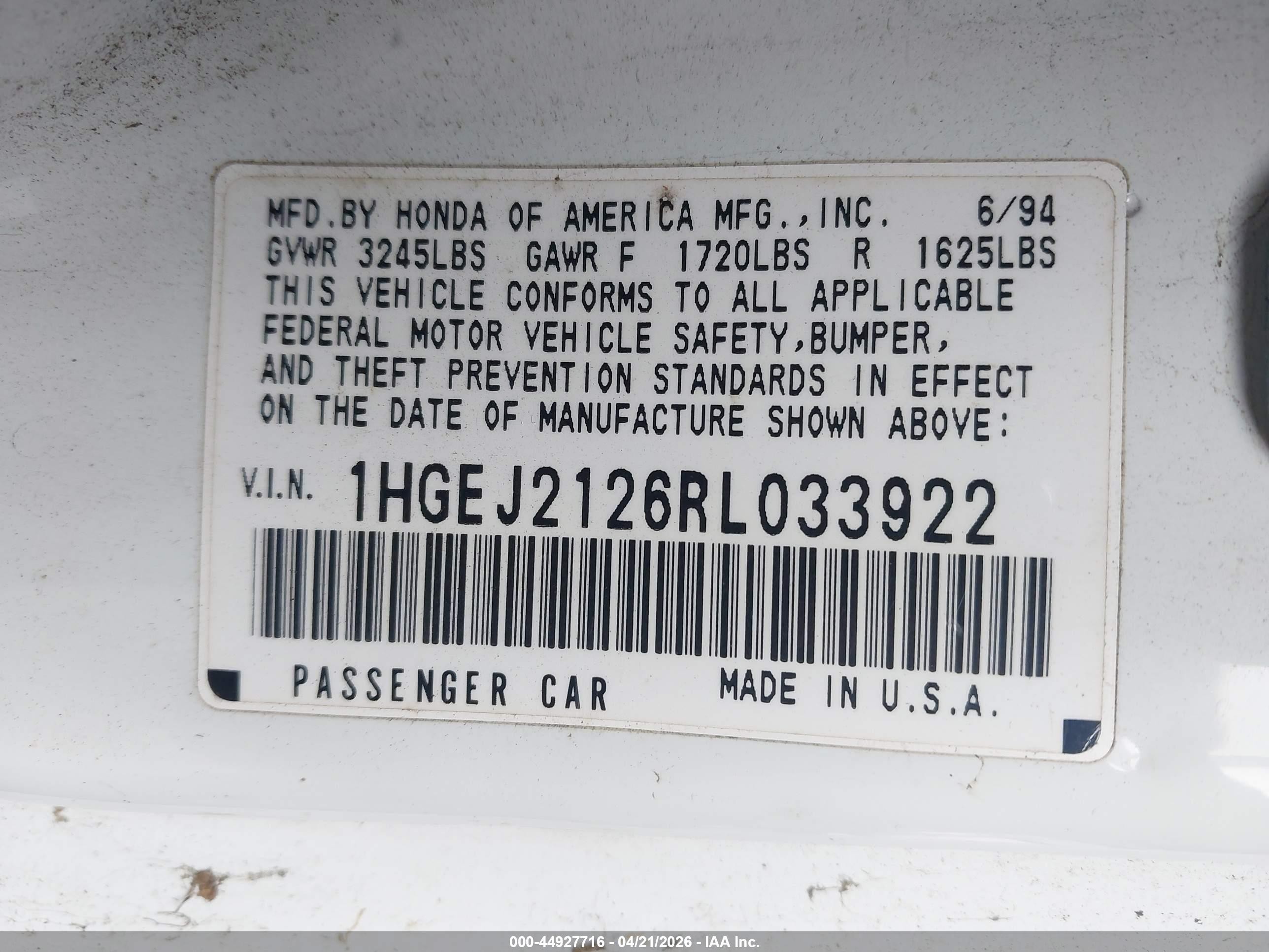 1994 Honda Civic Dx White vin: 1HGEJ2126RL033922