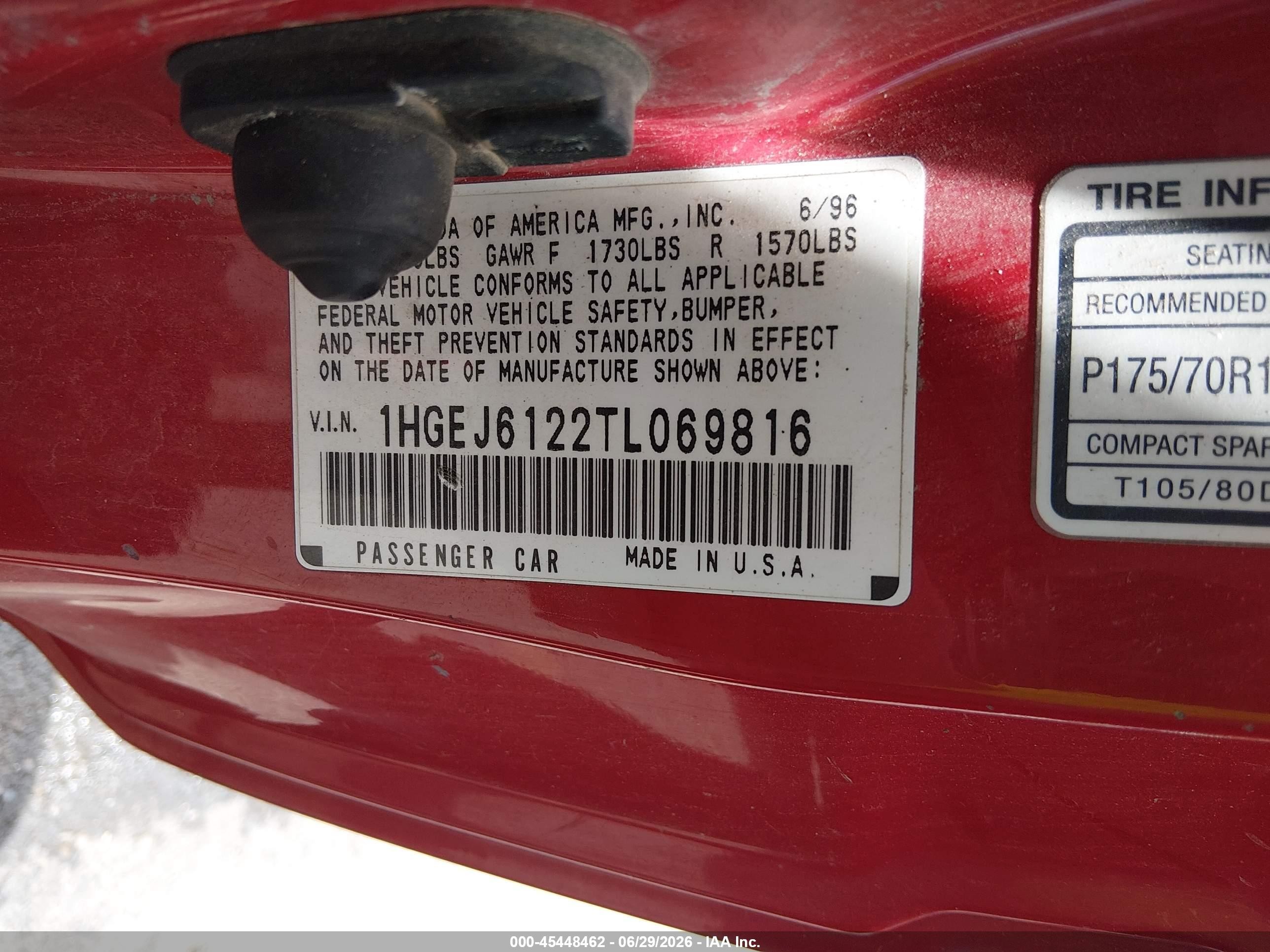 1996 Honda Civic Dx Red vin: 1HGEJ6122TL069816