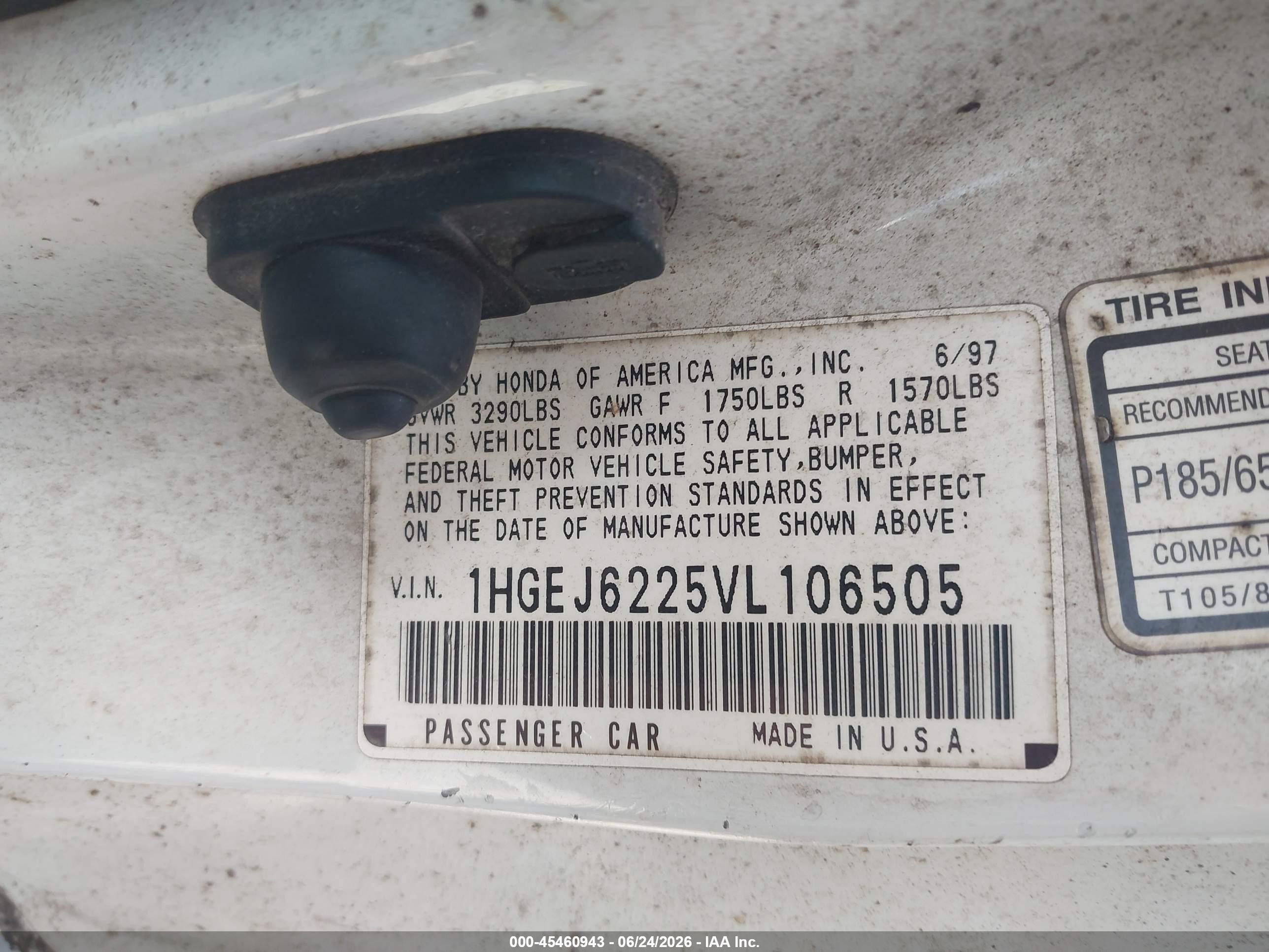 1997 Honda Civic Dx White vin: 1HGEJ6225VL106505