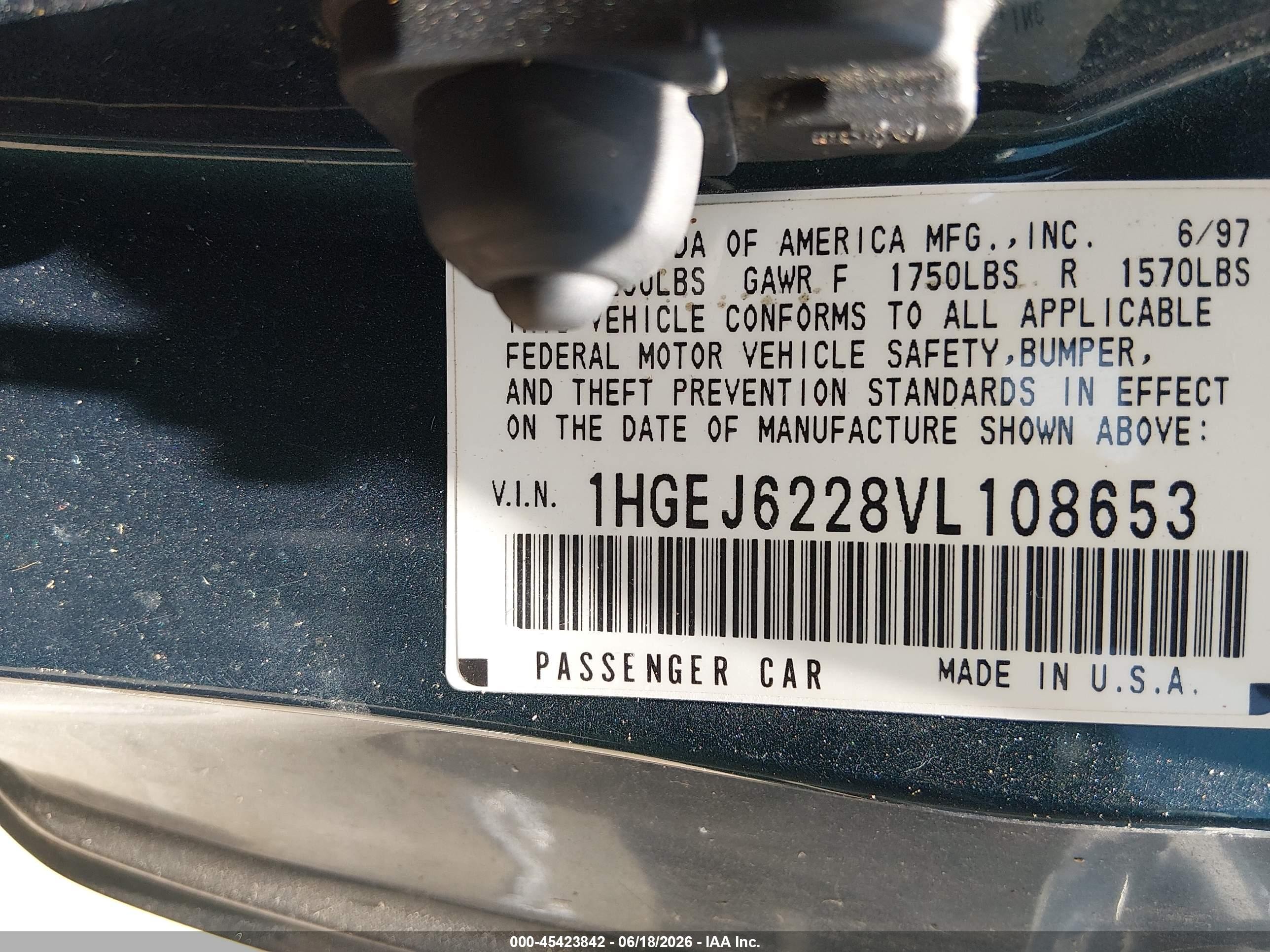 1997 Honda Civic Dx Green vin: 1HGEJ6228VL108653