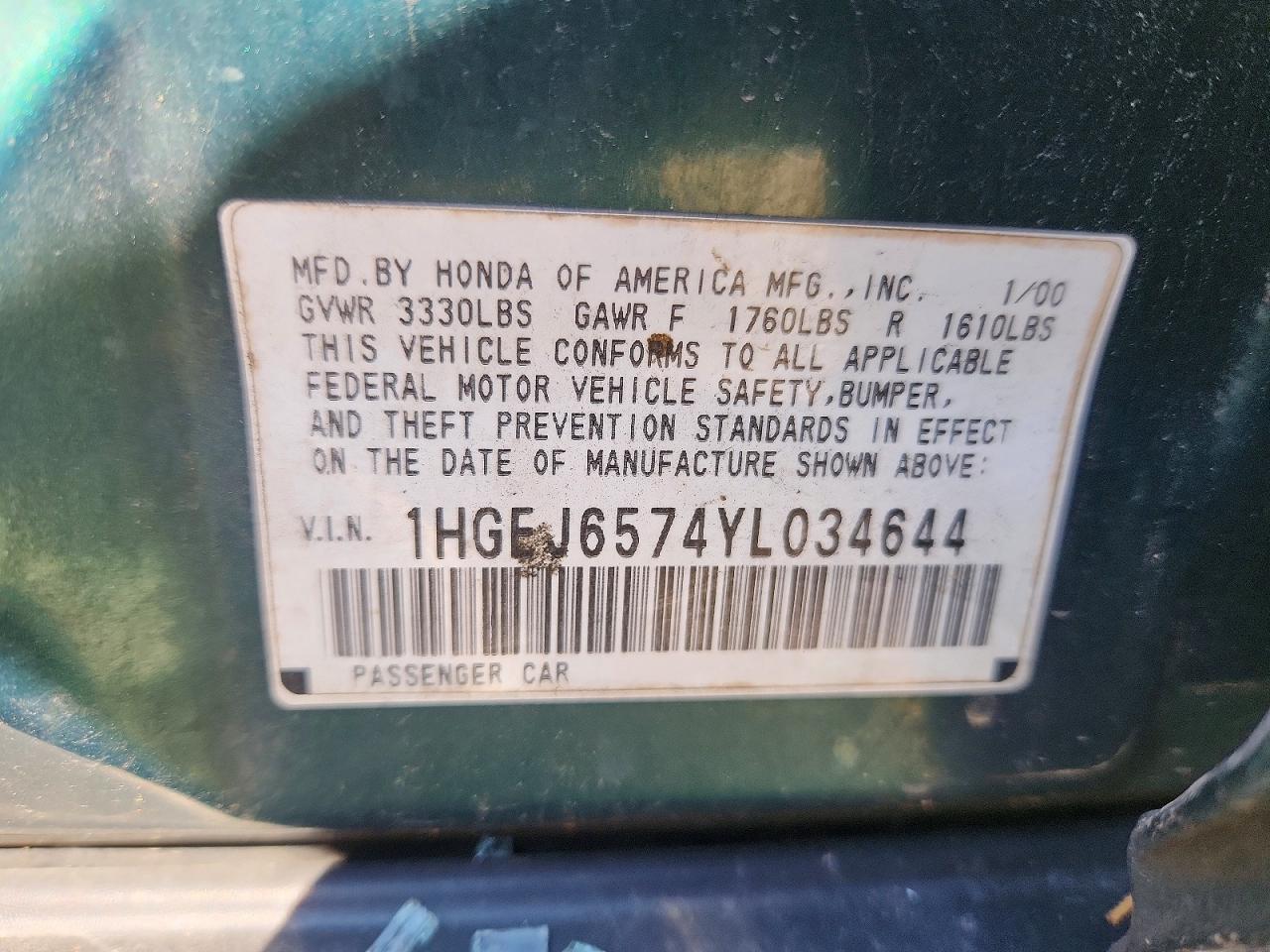 2000 Honda Civic Lx Green vin: 1HGEJ6574YL034644