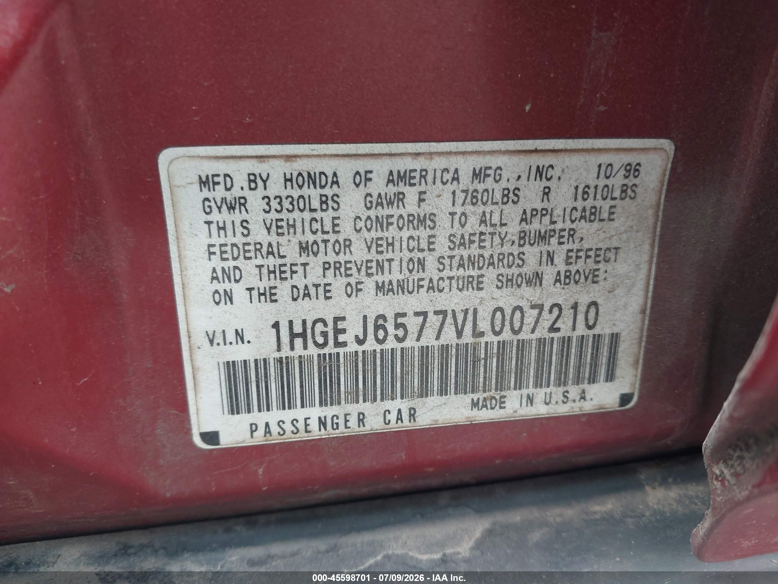 1997 Honda Civic Lx Красный vin: 1HGEJ6577VL007210