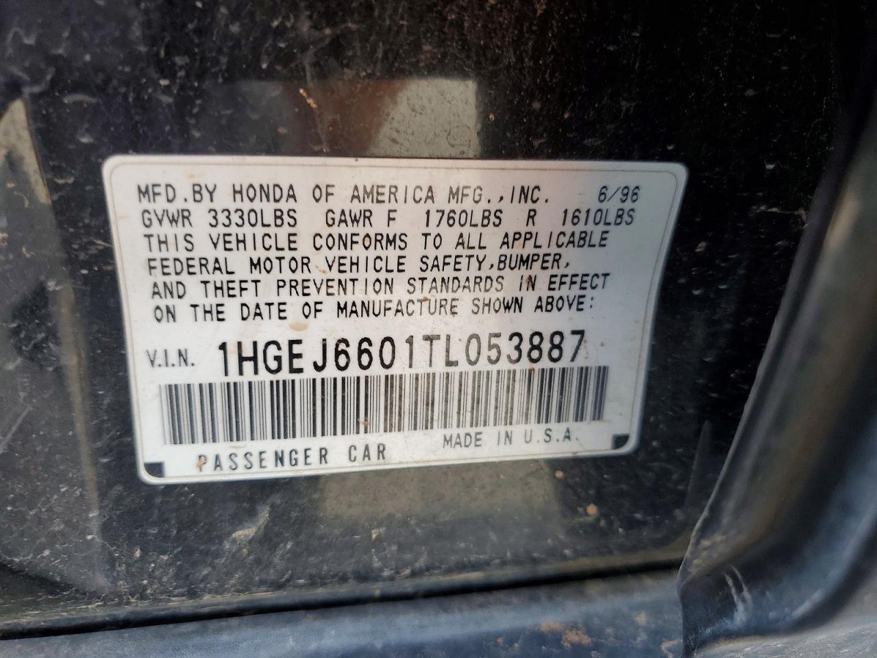 1996 Honda Civic Lx Black vin: 1HGEJ6601TL053887
