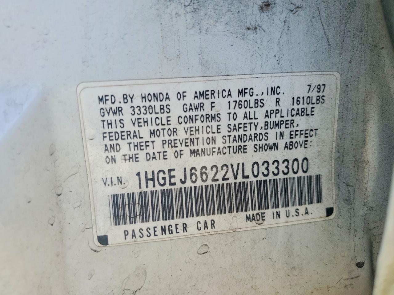 1997 Honda Civic Dx White vin: 1HGEJ6622VL033300