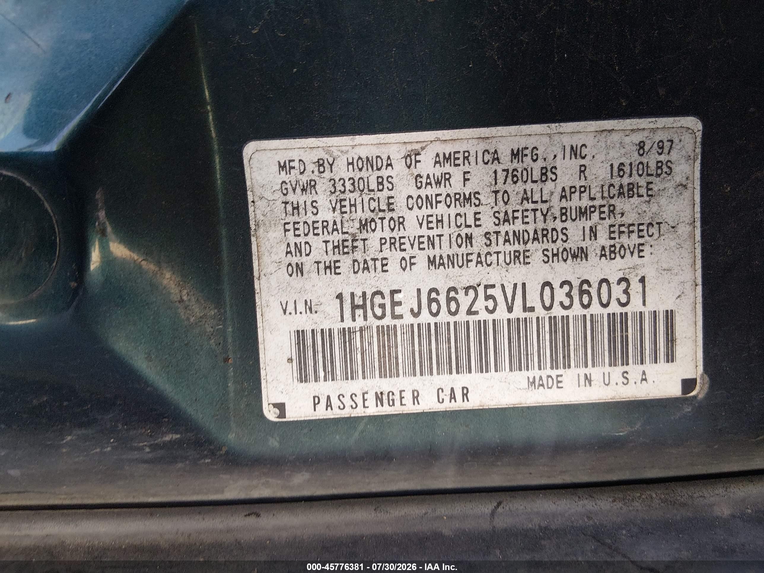1997 Honda Civic Dx Green vin: 1HGEJ6625VL036031